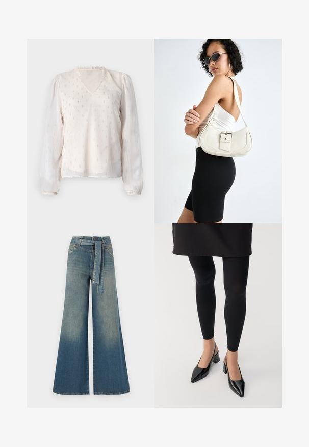 ONLY ONLIVY V NECK - Blouse - whitecap gray; Wide-leg denim trousers featuring a light to dark blue gradient, high waist, belt loops, and a matching fabric belt. Textured denim finish.; Black leggings paired with black slingback heels featuring a pointed toe and block heel. The materials appear glossy and sleek.; White leather handbag with a curved shape, adjustable strap, and a small buckle detail. Model wears a fitted black outfit.