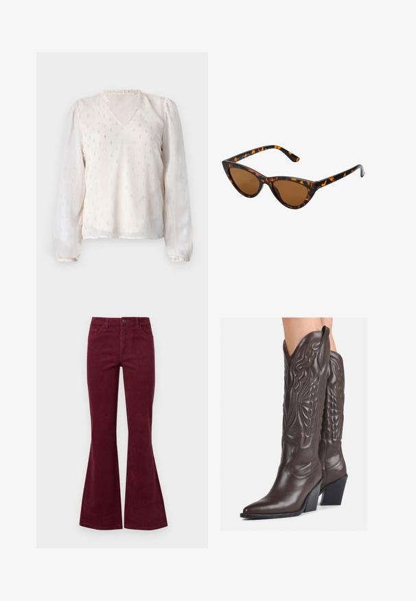 ONLY ONLIVY V NECK - Bluse - whitecap gray; Bordeauxfarbene Corduroy-Hosen mit weitem Bein, fünf Taschen, einer Knopfleiste vorne und strukturiertem Stoff. Die Ausstellungen beginnen am Knie und gehen bis zum Saum.; Braune Leder-Cowboy-Stiefel mit spitzem Punkt und Blockabsatz, die über detaillierte Stickereien und hervorgehobene Akzente am Schaft verfügen.; Katzenaugen-Sonnenbrille mit einem schwarz-orangenen Schildpattrahmen, braunen Gläsern und schlanken, spitzen Enden. Verfügt über ein minimalistisches Logo am Bügel.; Kleine cremefarbene Handtasche mit strukturiertem Finish, einem langen verstellbaren Tragegurt, einem Kettenakzent und einem Klappenverschluss. Goldene Hardware-Details.