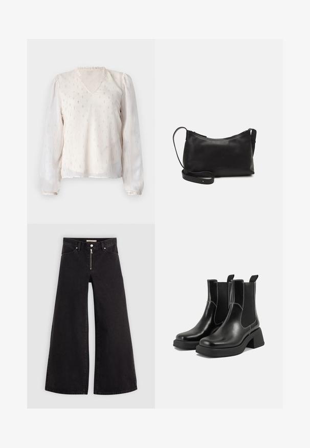 ONLY ONLIVY V NECK - Blouse - whitecap gray; Wijdvallende jeans van zwarte denim met een ritssluiting aan de voorkant, vijf zakken en subtiele stikdetails. Soepele textuur en casual stijl.; Zwarte leren Chelsea-boots met een chunky hak, elastische zijpanelen en contrasterende witte stiksels. Gestructureerde afwerking.; Zwarte leren schoudertas met een gladde textuur, gebogen vorm, verstelbare schouderband en een ritsafsluiting. Minimalistisch ontwerp zonder versieringen.