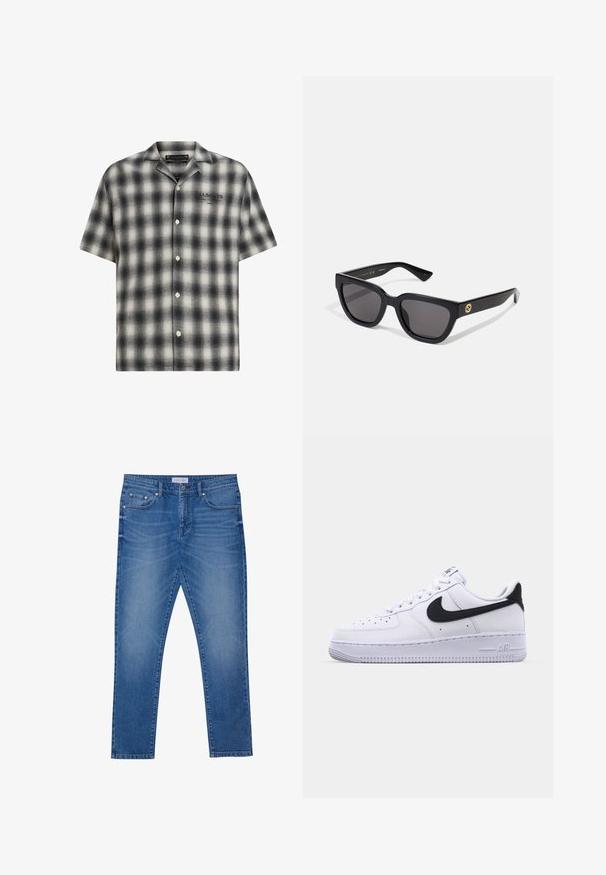 Koszula z krótkim rękawem w czarno-białą kratę, z zapięciem na guziki z przodu. Oferuje luźny krój, miękką fakturę i logo marki na piersi.; Biały bawełniany top na ramiączkach z okrągłym dekoltem, szerokimi ramiączkami i prostym dołem, charakteryzujący się gładką teksturą i brakiem widocznych wzorów.; Niebieskie dżinsy o prostym kroju, z przednimi kieszeniami, przeszyciami oraz klasycznym zapięciem na guzik.; Białe skórzane sneakersy z teksturowanym czarnym Swooshem, płaskimi sznurowadłami i gumową podeszwą z żłobionym wzorem. Na pięcie wytłoczone jest słowo "AIR".; Czarne prostokątne okulary przeciwsłoneczne z błyszczącym wykończeniem, ciemnymi soczewkami i złotymi akcentami na zauszniku z logo.