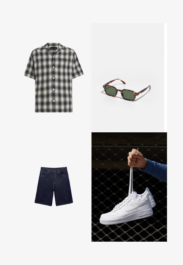 Lyhyet hihnat tarkastuspaita mustavalkoisena, napitettavan etuosan kanssa. Ominaisuuksiin kuuluu rento istuvuus, pehmeä rakenne ja brändilogo rinnassa.; Valkoinen puuvillainen hihaton paita, jossa on pyöreä kaula-aukko, leveät olkaimet ja suora helma. Paidan tekstuuri on sileä, eikä siinä ole näkyviä kuvioita.; Tummansiniset farkkushortsit, joissa on klassinen leikkaus, viisi taskua ja kontrastivärinen ommel. Sileä rakenne ja vankka vyötärö.; Valkoiset nahkasneakersit, joissa on rei'ityksiä, pyöreä kärki, tasapohja ja paksut nauhat, joissa on näkyvä swoosh-logo ja "AIR" kantapäässä.; Kilpikonnakuosiset aurinkolasit vihreillä linsseillä, joissa on oktaalinen muoto ja kapeat, kaarevat varret. Materiaalissa on kiiltävä pinta.