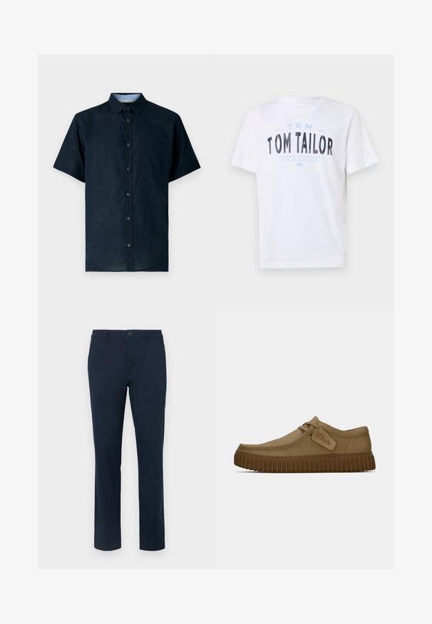 Tamsiai mėlynas trumpomis rankovėmis marškinėliai pagaminti iš lengvos medžiagos, su mygtukų užsegimu priekyje, smailiu religiniu apykakle ir kairėje krūtinės pusėje kišene.; Balta medvilninė marškinė su apvaliu iškirpimu ir trumpomis rankovėmis. Ant jų yra mėlynai ir juodai spausdintas tekstas: „TOM TAILOR“, „HAVANOS GATVĖS“ ir skaičiai.; Tamsiai mėlyni chinos kelnių iš lygaus audinio. Tiesaus kirpimo dizainas su vienu mygtuko uždarymu ir diržo kilpelėmis. Be matomų raštų ar akcentų.; Šviesiai rudos zomšinės bateliai su apvaliu pirštu, siuvinėjimo detalėmis ir raguota ruda guma. Su šonine etikete su "Clarks" logotipu.