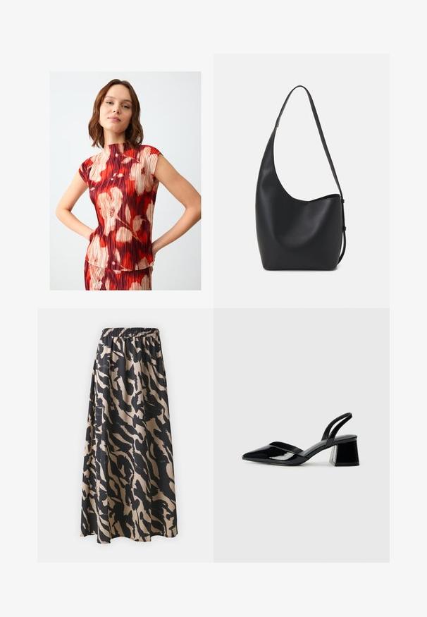 Rotes und beiges, plissiertes Top mit hohem Hals und kurzen Ärmeln, mit einem Blumenmuster und abstrakten Formen. Glatte Textur, taillierte Passform.; Schwarzer und beiger langer Rock mit elastischem Bund, der ein abstraktes Tiermuster und eine fließende Silhouette aufweist.; Schwarze Lackleder-Slingback-High Heels mit spitzem Schuh und einem geometrischen Blockabsatz. Verfügt über ein schlankes, minimalistisches Design und eine glatte Textur.; Schwarze Leder-Hobo-Tasche mit einer glatten Textur, geschwungener Form und einem einzelnen verstellbaren Tragegurt; verfügt über eine weite Öffnung am oberen Ende.