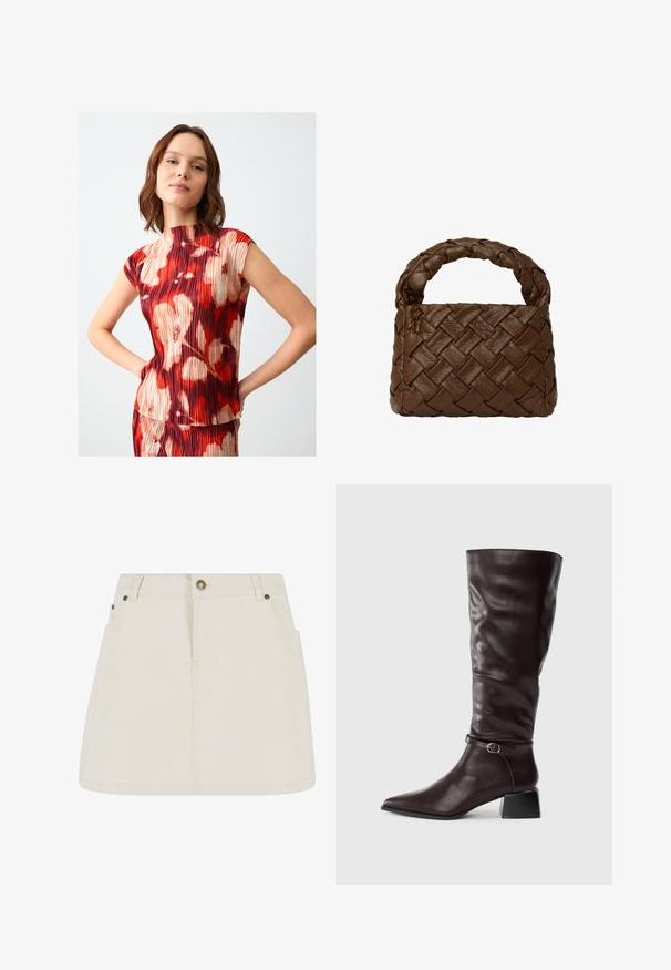 Rode en beige geplooide top met een hoge halslijn en kapmouwen, voorzien van een bloemendessin met abstracte vormen. Gladde textuur, aansluitend ontwerp.; Leren denim minirok in lichtbeige, met een hoge taille, twee voorzakken en bronzen knoopaccenten. Gladde textuur en eenvoudig ontwerp.; Lange, donkerbruine leren laars met een spitse neus, een kleine gesp rond de enkel en een lage blokhak op een witte achtergrond.; Bruine geweven leren handtas met een gevlochten handvat, rechthoekige vorm, textuur oppervlak en naadloze constructie.