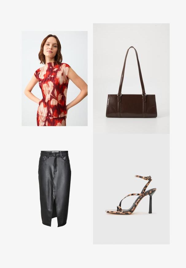 Rotes und beiges, plissiertes Top mit hohem Hals und kurzen Ärmeln, mit einem Blumenmuster und abstrakten Formen. Glatte Textur, taillierte Passform.; Schwarzer Lederrock mit mittellangem Design, ausgestattet mit einem Schlitz vorne, klassischen Gürtelschlaufen und genähten Details entlang der Nähte.; Riemchen-Pumps mit quadratischer Zehenform, die ein Leopardenmuster in Brauntönen und Schwarz auf einer glänzenden Oberfläche zeigen.; Braune Lackleder-Handtasche in rechteckiger Form, mit zwei langen Griffen und subtilen, geschwungenen Akzenten auf der Vorderseite.