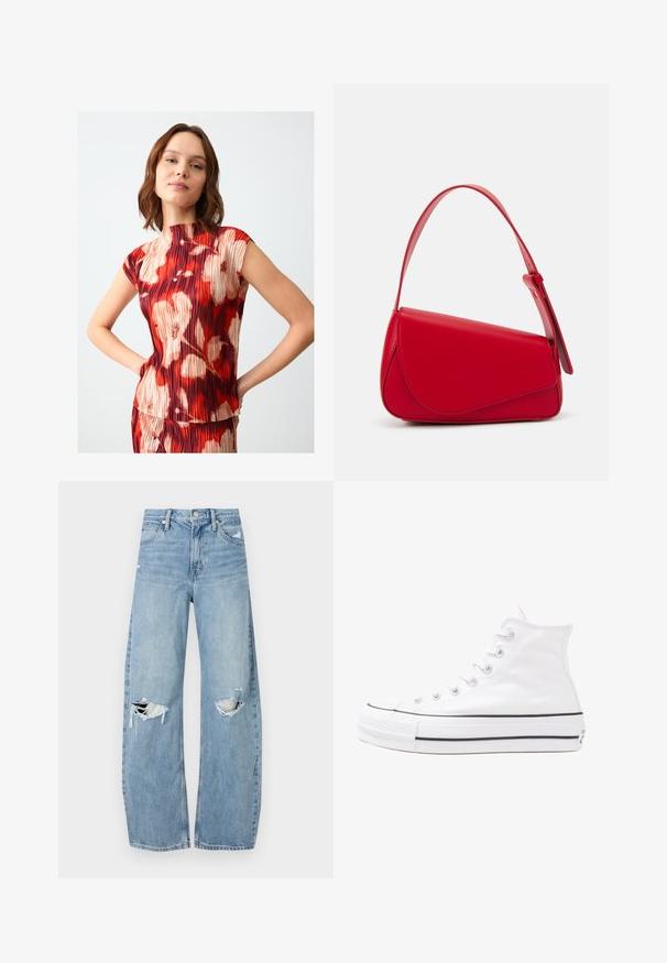 Red and beige pleated top with a high neckline and cap sleeves, featuring a floral print with abstract shapes. Smooth texture, fitted design.; Light blue, high-waisted jeans made of denim. Feature wide legs, two torn knee areas, and classic five-pocket styling.; White high-top canvas sneaker with black rubber sole, front rubber toe cap, and six eyelets for laces, featuring a clean, minimalist design.; Red leather handbag with an angular, geometric design. Features a single adjustable strap and a flap closure with stitched detailing.