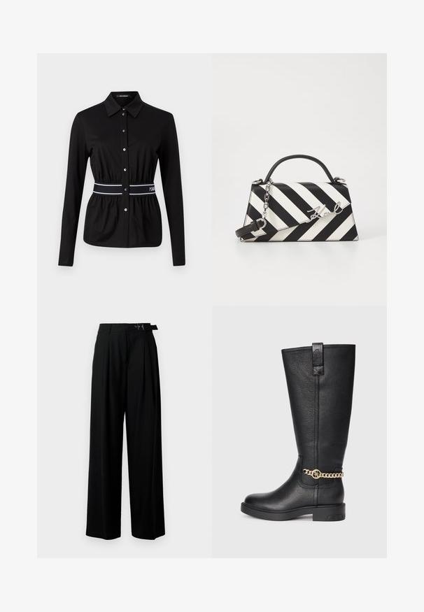 KARL LAGERFELD LOGO - Blusa com botões - black; Calças largas pretas de cintura alta, com pregas à frente e um cinto com fivela. Feitas de um tecido liso e leve.; Bota de couro preta até ao joelho com acabamento texturizado, apresentando um detalhe decorativo em corrente dourada e uma sola de borracha plana.; Bolsa de mão às riscas pretas e brancas com um formato estruturado, apresentando uma alça superior, uma alça de corrente destacável e um detalhe em logotipo metálico.