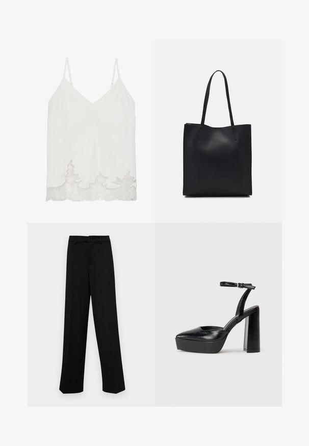 White sleeveless blouse with a V-neckline, featuring lace trim at the hem with a wavy pattern. Smooth texture and minimalistic design.; Black wide-leg trousers made of smooth fabric, featuring a classic waistband with a button closure and front pleats.; Black platform heels with a pointed toe and adjustable ankle strap. Constructed from smooth leather, featuring a chunky block heel.; Black leather tote bag with smooth texture, rectangular shape, and two long handles. No visible hardware or embellishments.
