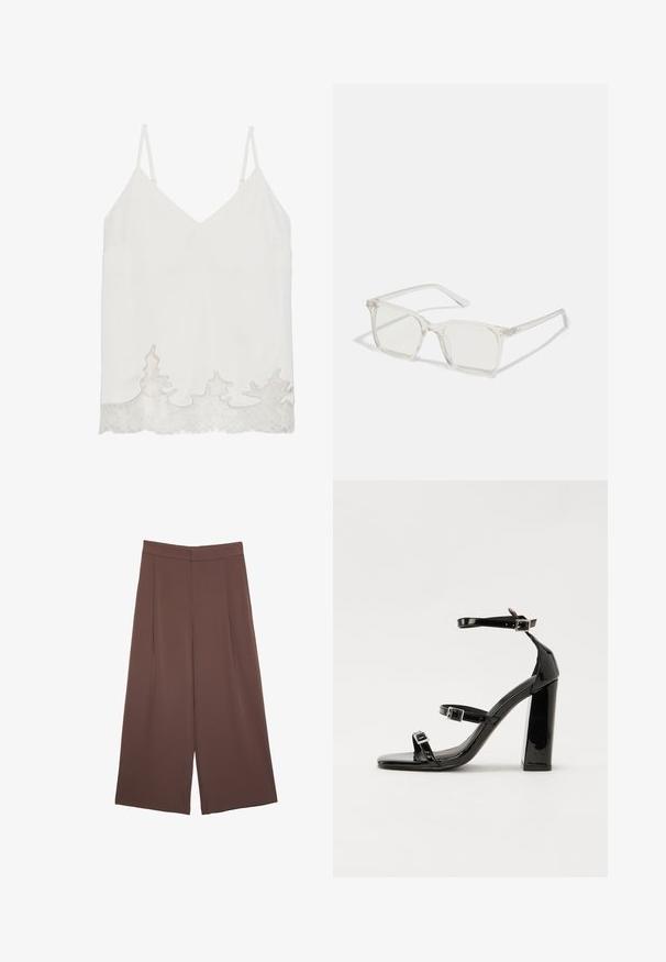 Weiße ärmellose Bluse mit V-Ausschnitt, mit Spitzenbesatz am Saum in gewelltem Muster. Glatte Textur und minimalistisches Design.; Braune Weite-Leg-Hosen mit einer glatten Textur, hoher Taille und Vorderfalten. Der Stoff ist leicht und fällt locker.; Schwarze patentierte Sandalen mit Absatz, quadratischer Spitze, Knöchelriemen und silbernen Schnallen. Mit einem stabilen Blockabsatz für mehr Stabilität.; Klare, quadratische Kunststoffbrillen mit durchsichtigen Gläsern, die goldene Akzente an den Bügeln für zusätzliche Details aufweisen.; Braune Leder-Crossbody-Tasche mit geschwungener Form, goldfarbenen Beschlägen und einer Schnallenakzentuierung. Verfügt über einen abnehmbaren Schultergurt.