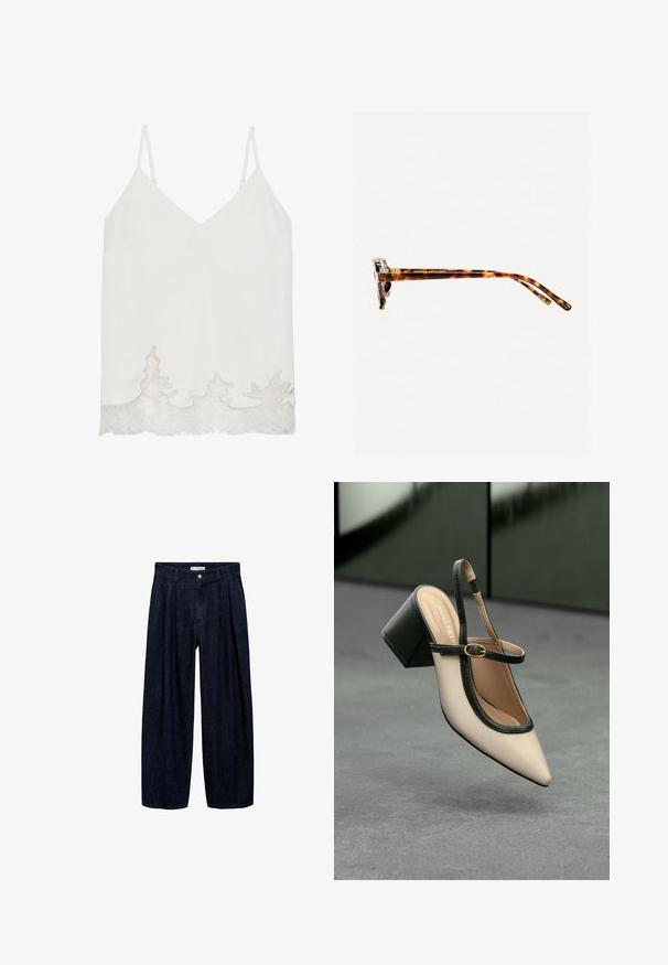 Vit ärmlös blus med V-ringning, prydd med spetskant i fåll med en vågig design. Slät textur och minimalistisch stil.; Mörk denim vida byxor med veck vid midjan, med en framknapp och bältesögglor. Slät textur och helängdsdesign.; Beige spetstoppad slingback-sko med svart kant, guldspänne och en kraftig blockklack på grått golv med mörkgrön bakgrund.; Sköldpaddsmönstrade solglasögon med en tjock ram, lätt böjda skalmar och en jämn yta. Har en klassisk design med en glansig finish.; Brun mockaläders toteväska med två långa remmar, dragsko-stängning och minimalistisk design. Slät textur och inga synliga metallaccenter.