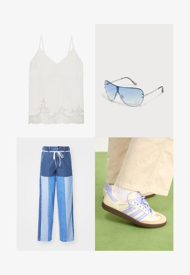 Hvid ærmeløs bluse med V-udskæring, der har en blondekant i bølget mønster ved kanten. Glat tekstur og minimalistisk design.; Blå denimbukser med et patchwork-design i forskellige nuancer af blå, snor i taljen og løse, lige ben.; Creme og lavendel sneakers med tre striber og en tekstureret brun sål, der har snørebånd og en polstret hæl. Blødt stof øvre.; Aviator-solbriller med gradient blå linser, sølvmetalramme og dekorative stjerneakcenter på linserne. Glat og strømlinet design.