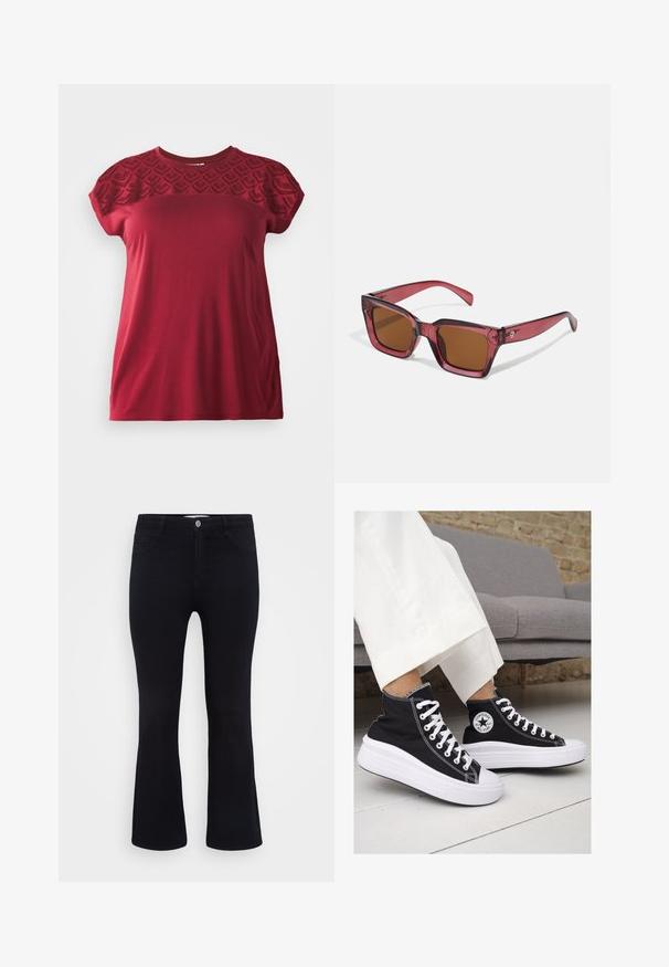 Raudona trumpomis rankovėmis marškinėliai su tekstūruotu, raštuotu nėriniu. Minkšta medžiaga su laisvu siluetu, apvaliu iškirpimu ir lygiu finišu.; ONLY Carmakoma CARTHUNDER PUSH UP - Platėjantys džinsai - black denim; Juodi kanvasiniai aukšti sportbačiai su baltais guminiais padu ir raišteliais. Šonuose yra apskritas logotipas ir ryški balta siūlė.; Raudonais atspalviu nudažyti kvadratiniai akiniai nuo saulės su rudieminčiomis lęšiais. Pagaminti iš skaidraus plastiko. Išsiskiria ryškiu kampuotu dizainu ir subtiliu ženklinimu ant šventyklos.