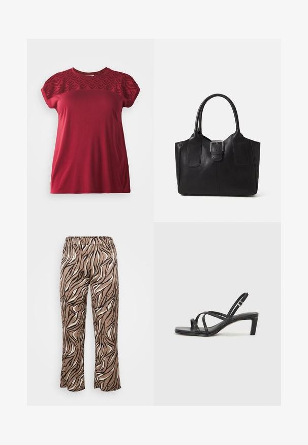 Červené tričko s krátkym rukávom a textúrovanou, vzorovanou čipkovou časťou. Mäkkučký materiál s voľným strihom, s okrúhlym výstrihom a hladkým povrchom.; Hnedé a krémové nohavice so zebrovaným vzorom s elastickým pásom, s voľným strihom a hladkým textilným povrchom.; Čierne sandále na vysokom podpätku so štvorcovou špičkou a nízkym blokovým podpätkom. Obsahujú viacero tenkých popruhov a nastaviteľný členkový popruh. Vyrobené z hladkej kože.; Čierna kožená taška s hladkou textúrou, štruktúrovaným tvarom, dvoma uchami a výrazným strieborným prackovým detailom na prednej strane.