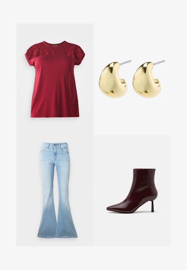 Punane lühikeste varrukatega T-särk, millel on tekstureeritud, mustriline pitsiyoke. Pehme kangas, millel on vabalt langev lõige, ümmargune kaelus ja sile viimistlus.; Heledad sinine flared teksapüksid, valmistatud denimist. Omavad kõrget vööd kahe nupuga ja kerget tuhmumist allääre suunal. Klassikaline viie tasku disain.; Burgundi patendnahast pahklu saapad terava ninaga ja slim stilettokanna, millel on sile ja läikiv tekstuur ning minimalistlik disain.; Kuldse värviga kõrvarõngad, millel on siledad ja ümarad kujundid, peegeldav pind ning tagumine kinnitus, mis tagab kindla kandmise.