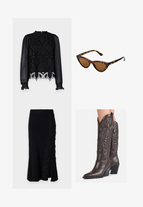 Mustmust võib olla keeruka pitsiga kaunistatud, läbipaistvate täpiliste pikkade varrukatega, kõrge kaeluse ja volangidega mansettidega. Dekoratiivne ääreosa lainelise servaga.; Mustalõngast seelik, millel on laineline pitsdetail küljel. Seeliku alumine äär on veidi laienev ja vöökoht on sile ning hästi istuv.; Pruunid nahast cowboy saapad terava varbaga ja plokk-kandaga, millel on detailne tikand ja kergelt tõstetud aktsendid varrel.; Kassi vormiga prillid musta ja oranži kilpkonnakujulise raami, pruunide läätsede ja elegantsete teravate otstega. Templi juures on minimaalne logo.