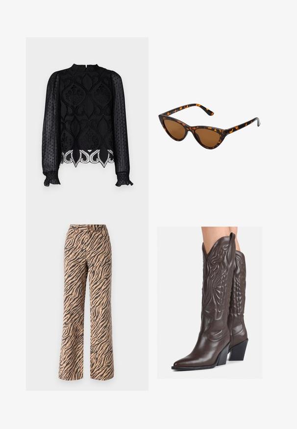 Juoda blusa, kuriai būdingas sudėtingas nėrinių dekoras, permatomos taškinės ilgos rankovės, aukštas apykaklė ir raukiniai rankogaliai. Dekoratyvus sijonas su banguotu kraštu.; Platų kojos kelnės su tigro dryžių raštu rudos ir juodos spalvų atspalviuose, turinčios standartinį juosmenį ir penkių kišenių dizainą.; Rudos odinės kaubojaus batai su smailiu priekiu ir blokuotu kulnu, pasižymintys detaliu siuvinėjimu ir iškiliais akcentais ant ašies.; Katės akies saulės akiniai su juodu ir oranžiniu šarvuotu rėmeliu, ruda objektyvu ir elegantiškais, smailiais galiukais. Rėmelyje yra minimalus logotipas ant šventės.