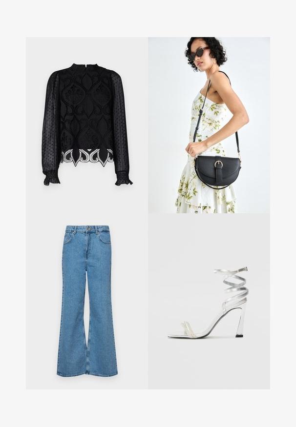 Black blouse featuring intricate lace detailing, sheer dotted long sleeves, high neckline, and frilled cuffs. Decorative hem with scalloped edge.; Light blue flared jeans made of denim, featuring a high waist, five pockets, and a single button closure. Soft texture with faded finish.; Silver high-heeled sandal with a shiny strap design, featuring a pearl-like accent and a spiraled ankle strap for secure fit.; Black leather handbag with a curved shape, detachable strap, and gold hardware. The bag features a flap with a buckle detail.