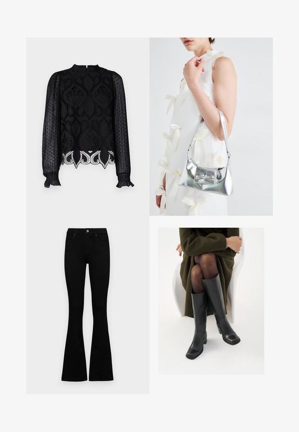 Sort bluse med intrikate blonder, gennemsigtige prikkede lange ærmer, høj halsudskæring og flæsekantede manchetter. Dekorativ kant med bølget kant.; Sorte højtaljede jeans med knap- og lynlåslukning, forlommer og flagrende ben, lagt fladt på en hvid baggrund.; Knæhøje sorte læder støvler med firkantet tå og blokhæl, vist med en model siddende i en olivengrøn frakke. Glat tekstur, minimal detaljer.; Sølvmetallic håndtaske med en struktureret form, der har et topgreb og en sløjfedetalje på forsiden. Glat tekstur, reflekterende finish.