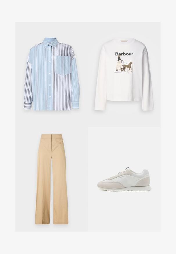 Chemise à manches longues avec des rayures alternées bleu clair et noir, dotée d'une poche poitrine. Fabriquée en tissu lisse.; T-shirt blanc à manches longues présentant un graphique d'une personne promenant trois chiens, avec "Barbour" imprimé en noir au-dessus.; Pantalons larges beige en coton mélangé. Caractéristiques : texture lisse, taille élastique et détail à bouton sur le côté.; Baskets de couleur claire comportant un mélange de cuir blanc et de daim beige, avec une semelle texturée et un branding minimaliste sur le côté.