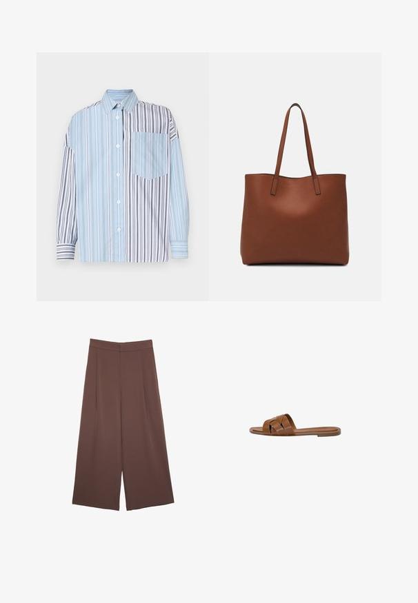 Knapp-up skjorta med växlande ljusblå och svarta ränder, med en enda bröstficka. Tillverkad av slät tyg, med lång ärm.; Bruna vida byxor med en slät textur, som har hög midja och framfickor. Tyget är lätt och flödar löst.; Brun lädersandaler med korslagda remmar, platt sula och en jämn textur. Enkel design utan utsmyckningar eller mönster.; Brun läder tote-väska med en slät textur, öppen toppdesign och två axelremmar. Har minimal söm och ingen synlig metalldetalj.
