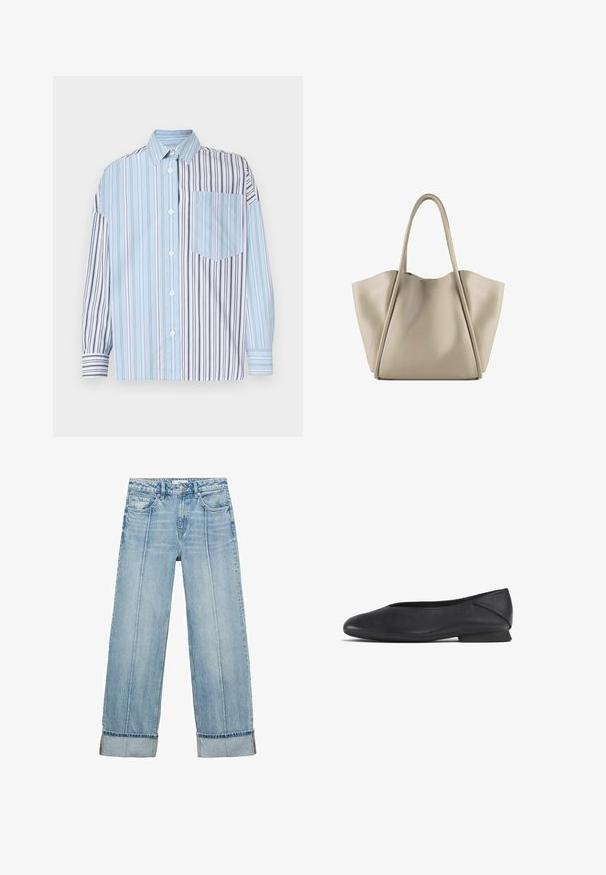 Košeľa na gombíky s striedavými svetlomodrými a čiernymi pruhmi, s jedným vreckom na hrudi. Vyrobená z hladkej látky, dlhé rukávy.; Svetlomodré džínsy s voľným strihom a vysokým pásom, ktoré majú päť vreciek, viditeľné švy a nohavice s prehnutými lemami.; Čierna kožená plochá topánka s okrúhlou špičkou a nízkym podpätkom, navrhnutá na príležitostné alebo formálne nosenie.; Béžová kožená nákupná taška s priestranným a štruktúrovaným dizajnom. Obsahuje dve dlhé rúčky a jemné švy; žiadne viditeľné kovové súčasti.