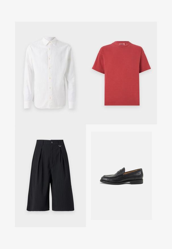 Hvit langermet skjorte laget av lett stoff, med klassisk krage, knappefront og glatt, noe teksturert overflate.; Rød bomulls T-skjorte med rund hals og kortermet, med en myk tekstur og en avslappet passform. Ingen synlige mønstre eller detaljer med metall.; Sorte stripete shorts med folder, knappeåpning og metallringdetalj. Glatt stoff med skreddersydd passform og knelengde.; Sorte lær loafers med en glat overflade, rund tå og dekorativ syning på forfoden. Lav stablet hæl og let glans.