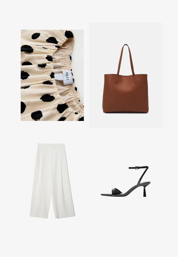 Cremefarbener Stoff mit schwarzen Punkte, der mit einer gerafften Textur versehen ist. Das Etikett besagt "NEXT." Der Fokus liegt auf dem Druckmuster und den elastischen Raffungsdetails.; Weiße, weite, knöchellange Hosen mit glatter Textur, flachem Vorderteil und ohne sichtbare Verschlüsse oder Taschen.; Bershka High Heel Sandalette - black; Braune Leder-Tote mit glatter Textur, offenem Oberteil und zwei Schulterriemen. Verfügt über minimale Nähte und keine sichtbaren Beschläge.