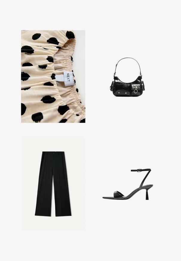 Cremefarvet stof med sorte prikker, prydet med sammensyning. Mærket læser "NEXT." Fokus på printmønster og elastiske samling detaljer.; Bershka WIDE - Bukser - black; Bershka Højhælede sandaletter / Højhælede sandaler - black; Sort patenteret læder håndtaske med en buet form, en skulderrem, frontlommer og hardware accenter i sølvfarve.