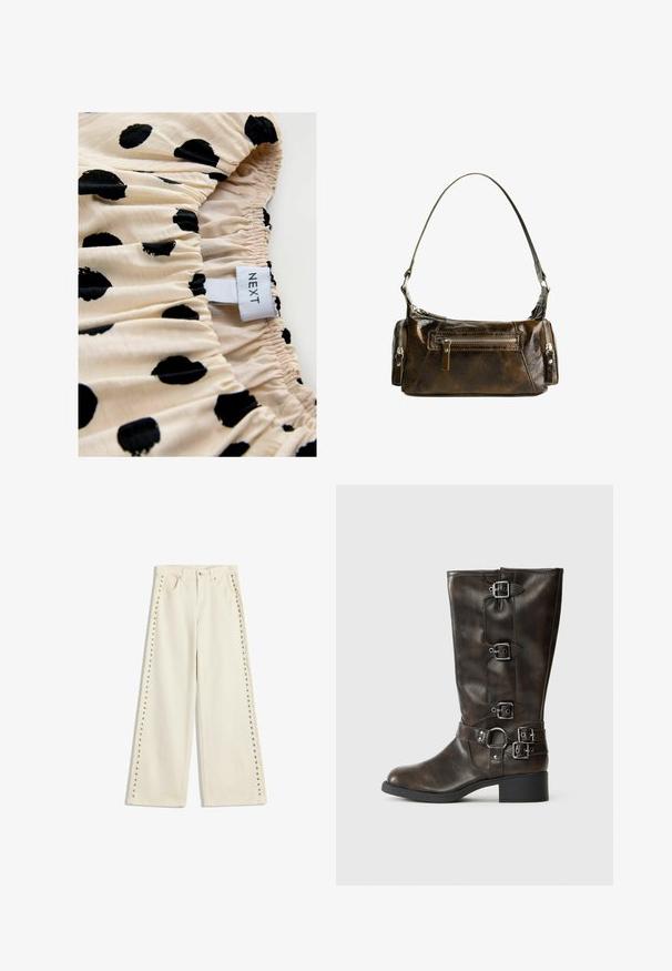 Cremefarvet stof med sorte prikker, prydet med sammensyning. Mærket læser "NEXT." Fokus på printmønster og elastiske samling detaljer.; Lysecreme brede jeans med metalnitter langs de ydre sømme, fem lommer og standard knaplukning.; Brune læder knæhøje støvler med flere spænder, rund tå og en lav kraftig hæl. Har en tekstureret finish og justerbare remme.; Brun læder håndtaske med en buet form, sølv hardware og to lynlåslommer på forsiden. Justerbar skulderrem inkluderet.