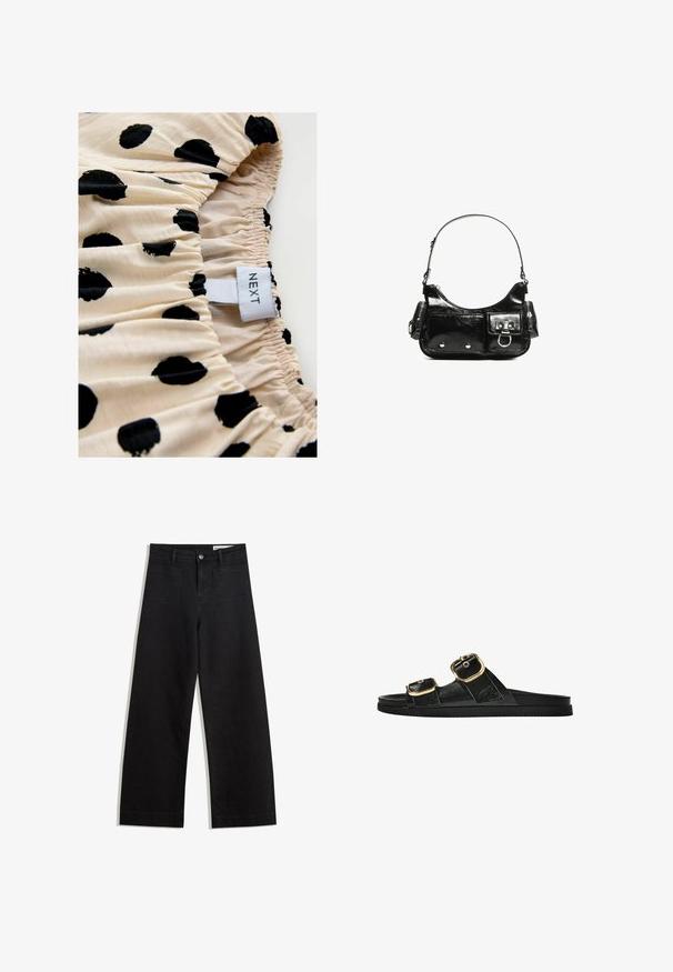 Cremefarbener Stoff mit schwarzen Punkte, der mit einer gerafften Textur versehen ist. Das Etikett besagt "NEXT." Der Fokus liegt auf dem Druckmuster und den elastischen Raffungsdetails.; Schwarze weit geschnittene Jeans mit hoher Taille, ausgestattet mit Vorder- und Hintertaschen, gesteppten Nähten und einem Knopfverschluss. Glatte Textur.; Schwarze Riemensandale mit zwei goldenen Schnallendetails, glattem Material, flachem Sohlen und minimalistischer Gestaltung.; Schwarze Lackleder-Handtasche mit geschwungenem Design, einem Schulterriemen, Vordertaschen und silberfarbenen Hardware-Akzenten.