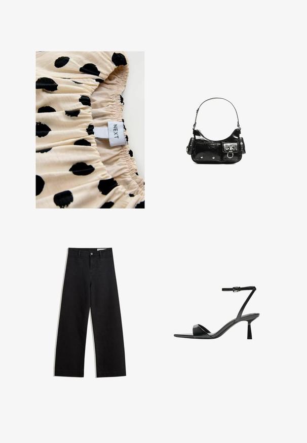 Cream fabric with black polka dots, featuring gathered texture. Label reads "NEXT." Focus on print pattern and elastic gathering details.; Black wide-leg denim pants with a high waist, featuring front and back pockets, stitched seams, and a button closure. Smooth texture.; Bershka High heeled sandals - black; Black patent leather handbag with a curved shape, one shoulder strap, front pockets, and silver-tone hardware accents.