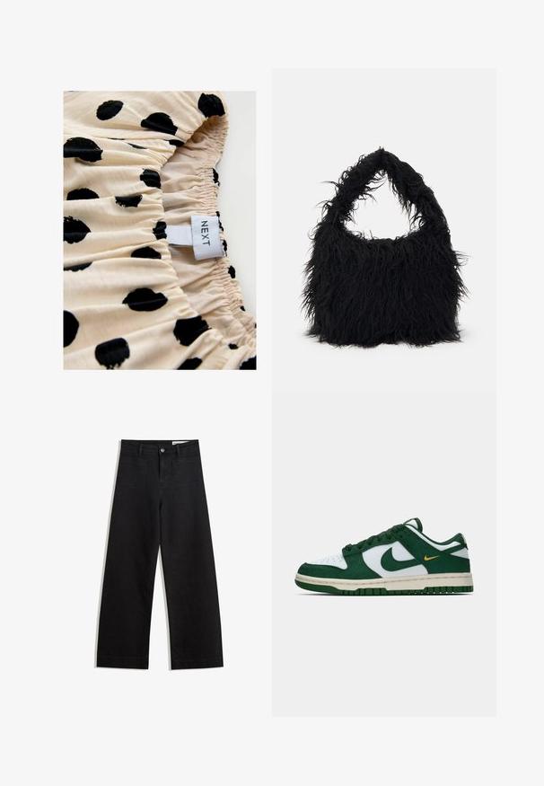 Cremefarvet stof med sorte prikker, prydet med sammensyning. Mærket læser "NEXT." Fokus på printmønster og elastiske samling detaljer.; Sorte wide-leg denim bukser med høj talje, der har front- og baglommer, syede sømme og en knaplukning. Glat tekstur.; Lave Nike sneakers i hvid og mørkegrøn ruskind med matchende grøn swoosh og en lille gul swoosh accent på siden.; Even&Odd Shopping bags - black