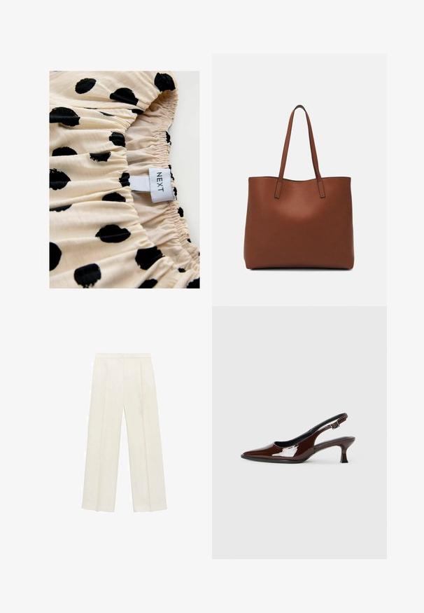 Material crem cu buline negre, cu textură gatherită. Eticheta spune "NEXT". Accent pe modelul imprimat și detaliile de elasticitate.; Pantaloni cu picioare largi, de culoare crem deschis. Realizați dintr-un material neted, cu plisuri în față și buzunare laterale.; Pantofii slingback din piele patent maro, cu vârful ascuțit și un toc moderat. Prezintă o curea cu prindere pentru o potrivire sigură. Textură netedă.; Geantă de umăr din piele maro cu o textură netedă, design cu vârf deschis și două curele pentru umăr. Prezintă cusături minime și fără componente metalice vizibile.
