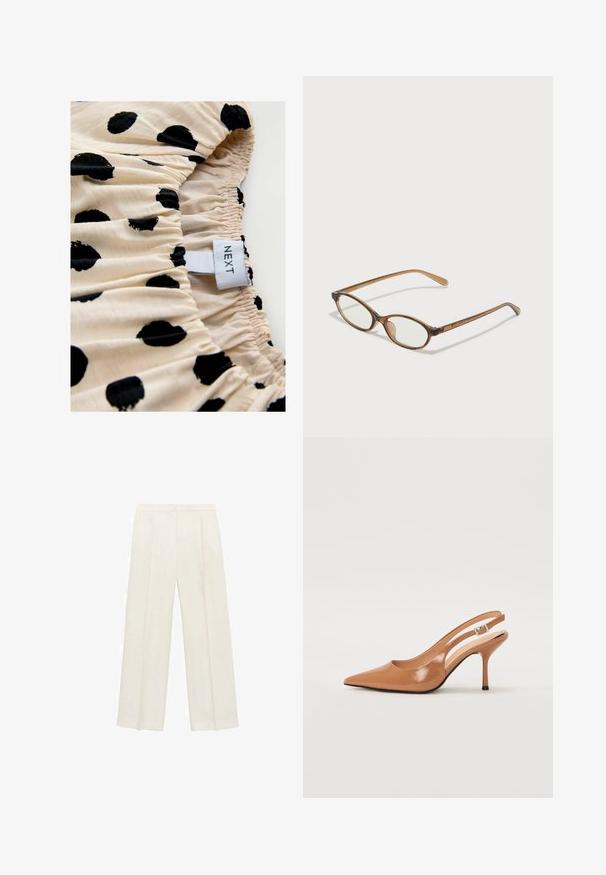 Kerman kangasta koostuvat mustat pilkut, joissa on laskostettu rakenne. Tagi kertoo "NEXT". Keskiössä printin kuvio ja elastiset laskostus yksityiskohdat.; Valkoiset leveälahkeiset housut vaaleassa kermassa. Valmistettu sileästä kankaasta, jossa on laskokset edessä ja sivutaskut.; Korkokenkä, jossa on terävä kärki ja avonainen kanna, valmistettu sileästä, kiiltävästä ruskeasta materiaalista. Sisältää kaarevan leikkuun muotoilun ja hoikan stilettokannan. Hopeinen solkiyksityiskohta.; Ruskeat kilpikonnaruutulasiset silmälasit, joissa ovaalit linssit, ohuet varret ja läpinäkyvät yksityiskohdat. Temppeleissä on huomaamaton logo. Suunnittelultaan suora ja kevyt.