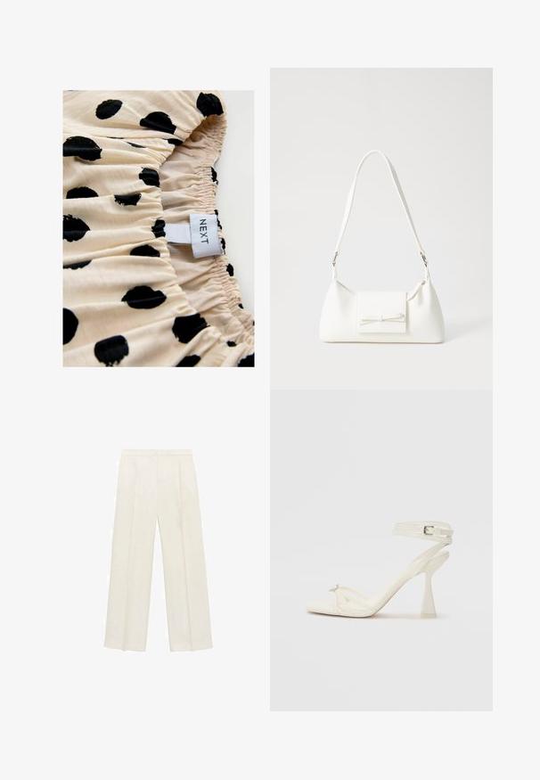 Krémová látka s čiernymi bodkami, s zberanou textúrou. Nálepka znie "NEXT." Zameranie na vzor a detaily elastického zberania.; Široké nohavice vo svetlej krémovej farbe. Vyrobené z hladkej látky s skladmi vpredu a bočnými vreckami.; Biele kožené sandále na vysokom podpätku s pásikmi, elegantným dizajnom, priehľadným blokovým podpätkom a dekoratívnym prvkom na špičke.; Biela syntetická kabelka s trojuholníkovým tvarom, plochým predným klapkou a detailom mašle, nastaviteľným popruhom, hladkou textúrou a minimalistickým dizajnom.