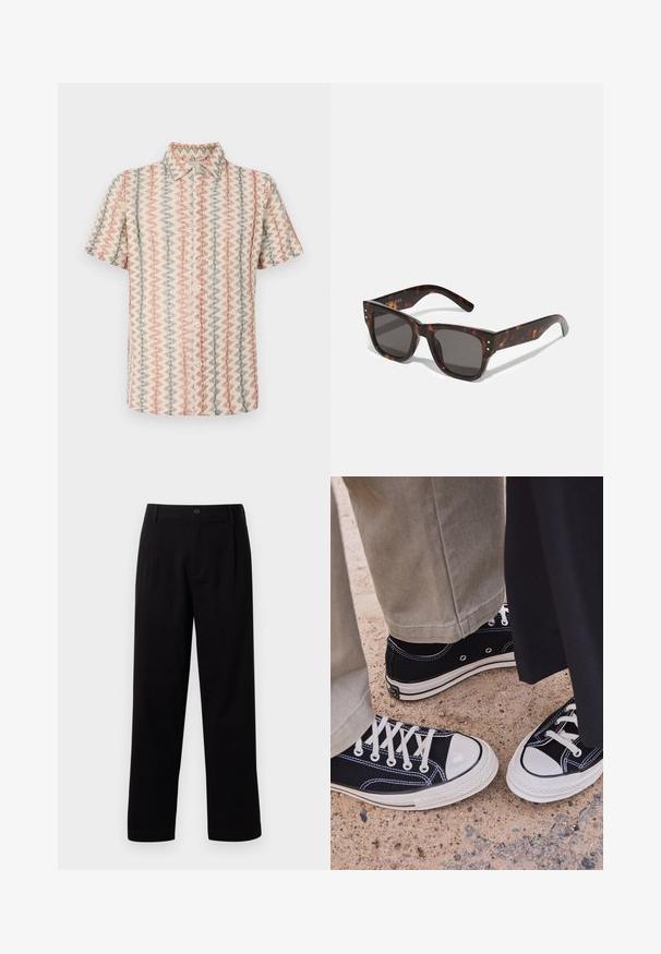 Korte mouwen shirt van een gestructureerde, geweven stof met een herhalend zigzagpatroon in tinten roze, beige en blauw met knoopsluiting aan de voorkant.; Zwarte stoffen broek met een rechte snit, voorplooi en een enkele knoopsluiting. Vlotte textuur en geen zichtbare patronen.; Zwarte canvas sneakers met witte rubberen neuzen en veters. Contrasterende stiksels en metalen oogjes voegen detail toe. Gecombineerd met beige broek en zwarte stof.; Tortoise shell zonnebril met donkere lenzen, vierkant montuur en zilveren accentstuds aan de voorkant. Gemaakt van kunststof, lichtgewicht en duurzaam.; Beige canvas draagtas met twee handvatten, voorzien van een groot donkerbruin logo-tekst "THE NORTH FACE" en een halve cirkelvormig designelement.