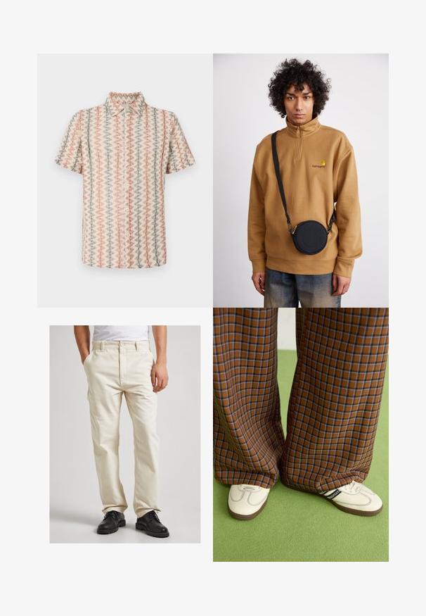 Lyhythihainen paita, jossa on teksturoitu, kudottu kangas, jossa on toistuva sakara-kuvio vaaleanpunaisen, beige ja sinisen sävyissä, napit edessä.; Beige puuvillahousut suoran lahkeen muotoilulla, joissa on sivutaskut ja napitus, yhdistettynä mustiin kenkiin.; Ruskonsin ja sininen ruutukuvioinen leveälahkeinen housut yhdistettynä valkoisiin kenkiin, joissa on mustia yksityiskohtia ja tekstuuripohjat, vihreää taustaa vasten.; Ruskea neljännesvetoketjullinen fleecesweater, jossa on brodeerattu logo, mustan pyöreän olkalaukun kanssa, jossa on vetoketju ja logotiedot, käytetty farkkujen päällä.