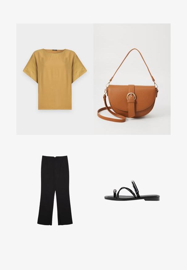 Kurzärmliges, senfgelbes Oberteil mit Rundhalsausschnitt und entspannter Passform. Hergestellt aus glattem Stoff mit einem einfachen, klaren Design.; Schwarze Hose mit geradem Schnitt, ausgestattet mit Fronttaschen und Seitenschlitzen am Saum. Hergestellt aus weichem, glattem Stoff. Geeignet für verschiedene Anlässe.; Schwarze flache Sandalen mit glänzender Oberfläche, drei dünnen Riemen und einem runden Hardware-Detail an den Zehen. Elegantes Design mit einem minimalen Absatz.; Braune Leder-Crossbody-Tasche mit geschwungener Form, goldfarbenen Beschlägen und einer Schnallenakzentuierung. Verfügt über einen abnehmbaren Schultergurt.