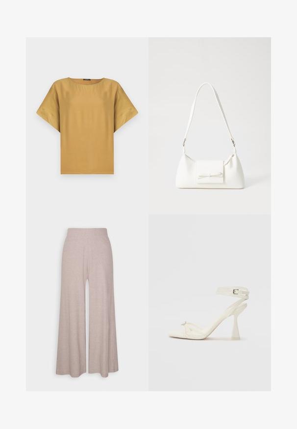 Lyhythihainen, sinapinvärinen paita, jossa on pyöreä kaula-aukko ja rento leikkaus. Valmistettu sileästä kankaasta, jossa on yksinkertainen ja siisti muotoilu.; Vaaleanharmaat, leveälahkeiset housut, jotka on valmistettu pehmeästä, nauhakoristeisesta kankaasta. Housuissa on korkea vyötärö ja täyspitkät lahkeet, joissa on hieno tekstuuri.; Valkoinen nahkainen strappisaapas, jossa on virtaviivainen muotoilu, läpinäkyvä lohko-osa ja koristeellinen elementti varpaassa.; Valkoinen synteettinen käsilaukku, jossa on kolmikulmainen muoto, tasainen etu läppä ja nauhadetail, säädettävä olkahihna, sileä rakenne ja minimalinen muotoilu.