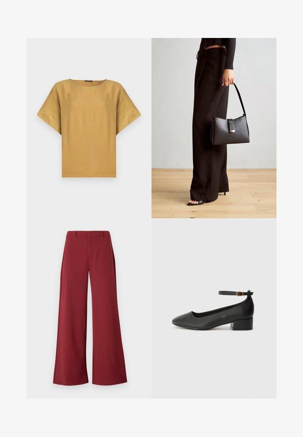 Majica s kratkimi rokavi v gorčični barvi, okroglo izrezana in sproščenega kroja. Narejena iz gladkega blaga s preprostim in čistim dizajnom.; Hlače širokih nogavice v temno burgundski barvi. Narejene iz gladkega, raztegljivega materiala z oblikovanimi šivi in sprednjim zadrgo.; Črne usnjene pumpice z nazobčanimi prsti in nizko blokasto peto. Imajo trak okoli gležnja z zaponko v zlatem tonu. Gladka tekstura.; Črna torbica z strukturirano obliko, gladko teksturo in kovinskim zaponko. Ujemajo se z širokimi črnimi hlačami in odprtimi sandali na lesenem tleh.