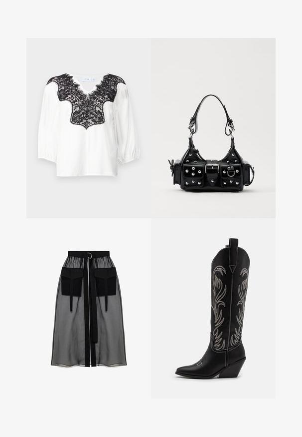 Biela blúzka s čiernym krajkovým detailom na výstrihu, s V-čkovým strihom a naberanými rukávmi. Hladká látka s precíznym krajkovým vzorom.; Čierna priesvitná sukňa s naťahovacím pásom, ktorá má dve veľké predné vrecká, opasok na viazanie a kruhový kovový akcent.; Čierne kožené kovbojské čižmy s špicatými prstami, klinovými podpätkami a striebornými vyšívanými kvetinovými vzormi po celej dĺžke. Kontrastné šitie po celom povrchu.; Čierna kožená kabelka s zakriveným dizajnom, doplnená striebornými cvočkami, prackou a dvoma bočnými vreckami. Nastaviteľný popruh poskytuje rôzne možnosti nosenia.