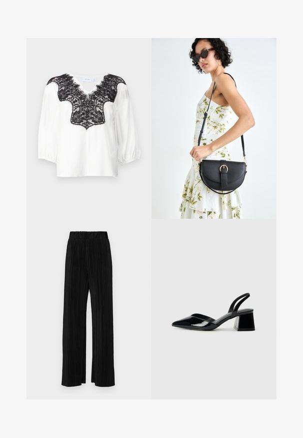Fehér blúz fekete csipke díszítéssel az nyakkivágáson, V-alakú szabással és puffos ujjal. Sima anyag bonyolult csipke mintázattal.; Fekete pliszírozott nadrág gumis derekkal. Széles lábakkal rendelkezik, sima, texturált anyagból készült, függőleges csíkokkal.; Fekete lakk bőr szandálkés magas sarkú cipő, hegyes orral és geometrikus tömbsarkakkal. Karcsú, minimalista dizájn és sima textúra jellemzi.; Fekete bőrtáska ívelt formával, levehető pánttal és arany színű fémrészekkel. A táskán egy csattal díszített fedél található.