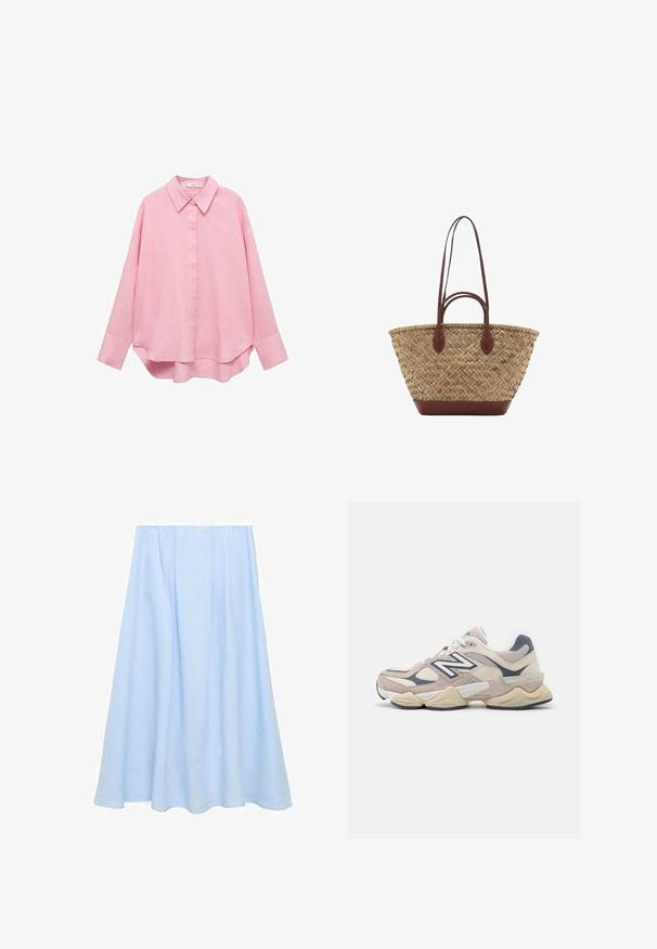 Mango Cămașă - light pink; O fustă A-line de lungime până la genunchi, de culoare albastru deschis, realizată din in, cu pliseuri și o textură netedă, fără modele sau embellishments.; Adidași roz deschis și bej, realizați dintr-un amestec de material textil și suede. Prezintă un logo alb, suprapunerile texturate și o talpă moale. Formă rotundă.; Geantă din iarbă împletită, cu textură împletită, mânere și bază din piele maro închis, formă circulară largă și design cu vârf deschis.