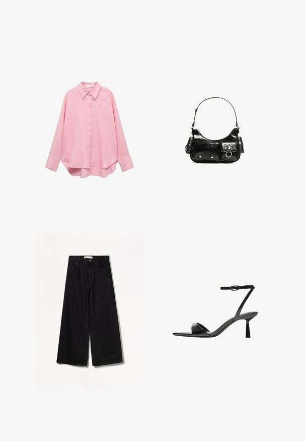 Mango Skjortebluser - light pink; Bershka WIDE-LEG - Wide leg - black; Bershka Højhælede sandaletter / Højhælede sandaler - black; Sort patenteret læder håndtaske med en buet form, en skulderrem, frontlommer og hardware accenter i sølvfarve.