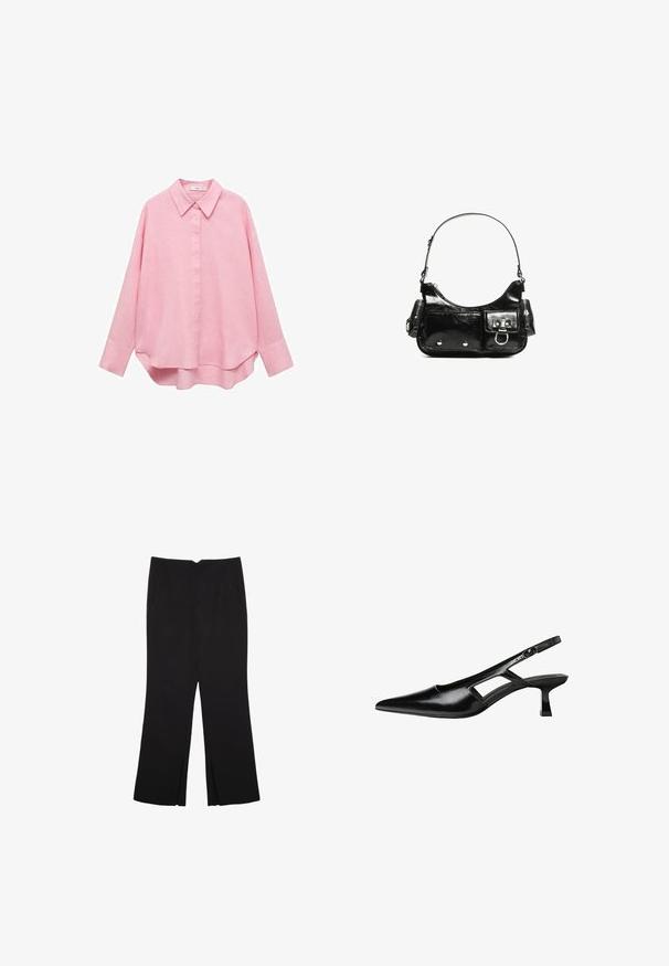 Mango Skjortebluser - light pink; Sorte bukser med lige pasform, der har frontlommer og slidser i kanten. Lavet af blødt, glat stof. Velegnet til forskellige anledninger.; Sorte patentlæder slingback hæle med spids tå, udskåret sideskærm og en lille firkantet hæl. Glat tekstur med minimale detaljer.; Sort patenteret læder håndtaske med en buet form, en skulderrem, frontlommer og hardware accenter i sølvfarve.