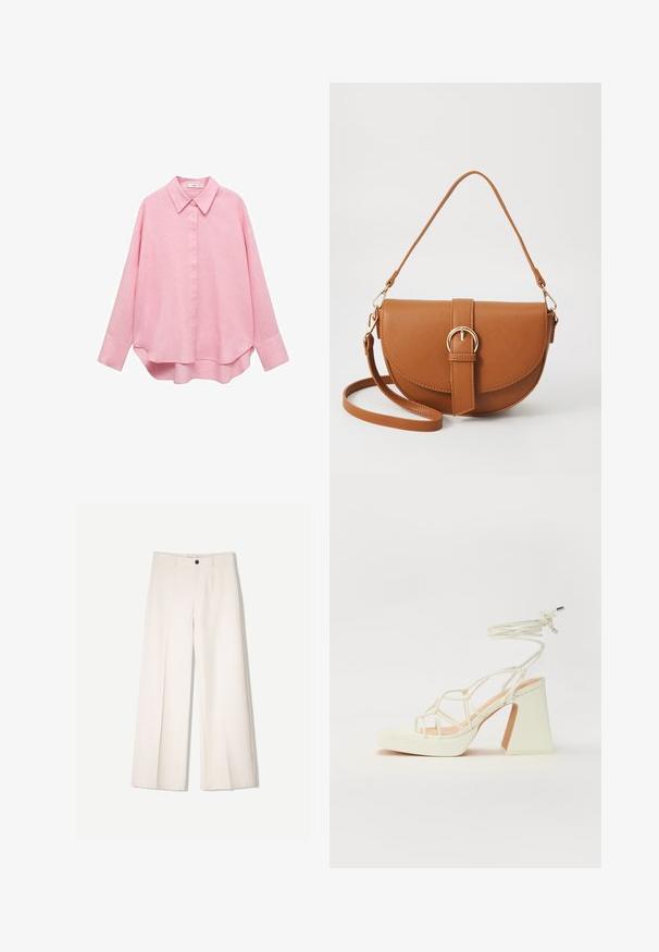 Mango Overhemdblouse - light pink; Crème brede broek met een tailored ontwerp, voorzien van twee voorzakken en een enkele sluiting met een knop aan de voorkant, gemaakt van een gladde stof.; Witte hoge hakken sandaal met een chunky hak, met een bandjesontwerp en enkelband. Gladde textuur met een plateau voor extra hoogte.; Bruine leren schoudertas met een gebogen vorm, gouden hardware en een gespaccent. Bevat een afneembare schouderriem.