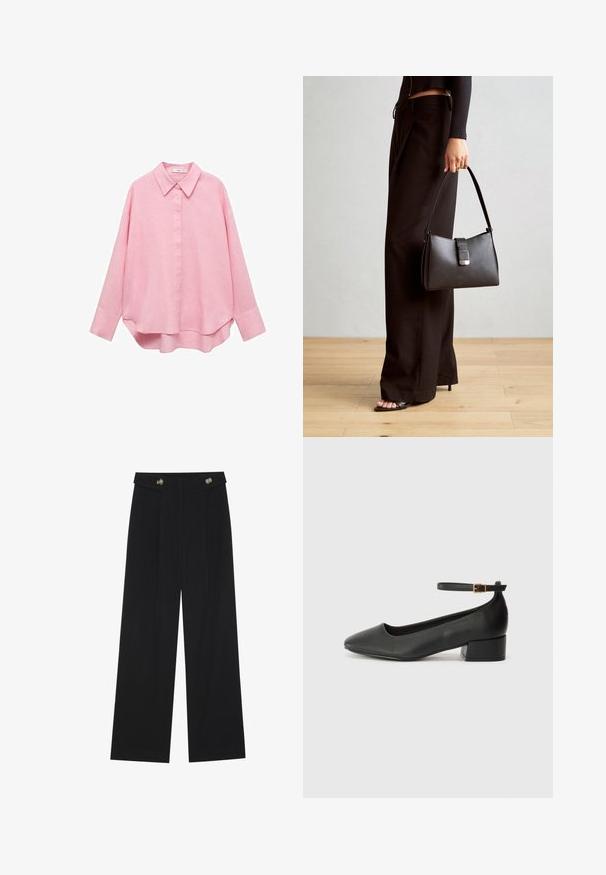 Mango Skjortebluser - light pink; Sorte vide bukser med høj talje, knapdetaljer på taljebåndet og frontfald.; Sorte læderpumper med spids tå og en lav blokhæl. Har en ankelrem med en guldfarvet spænde. Glat tekstur.; Sort håndtaske med struktureret form, glat overflade og metalspænde. Sammen med brede sorte bukser og sandaler med åben tå på trægulv.