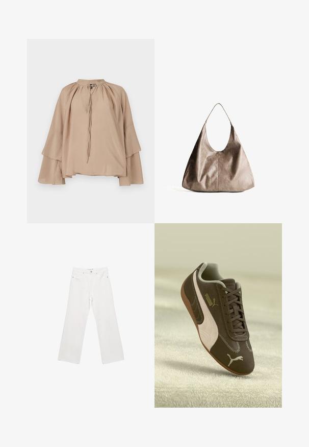 Bežna bluza napravljena od lagane tkanine, s dugim zvonastim rukavima, nabranim izrezom s vezicom i slobodnim, opuštenim krojem.; Bijele traperice širokih nogavica s klasičnim dizajnom s pet džepova, metalnim detaljima i kontrastnim šavovima. Glatka tekstura i opušteni kroj.; Smeđi Puma tenisice s bež prugom i logotipom, vezane, odložene na teksturiranoj bež površini.; Bež torba hobo od kože s glatkom teksturom. Ima veliki otvoreni vrh i jedan široki remen za rame. Zaobljen, opušten oblik.
