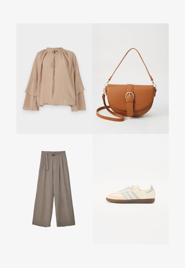 Beige Bluse aus leichtem Stoff, mit langen Glockenärmeln, gerafftem Ausschnitt mit einer Schleife und einer lockeren, lässigen Passform.; Weite Hose aus einem weichen, gedämpften grauen Stoff, mit einem taillierten Bund und Falten für zusätzliche Design-Details. Glatte Textur, keine Muster.; Sneaker mit Obermaterial aus cremefarbenem Leder, hellblauen Streifen und pfirsichfarbenen Akzenten. Verfügt über eine strukturierte braune Gummisohle und ein minimalistisches Design.; Braune Leder-Crossbody-Tasche mit geschwungener Form, goldfarbenen Beschlägen und einer Schnallenakzentuierung. Verfügt über einen abnehmbaren Schultergurt.