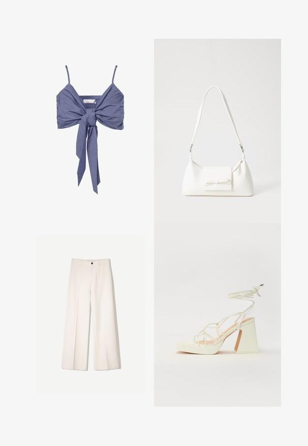 Lilac cropped top with thin adjustable straps, featuring a front knot detail and gathered fabric for texture. Made from soft, stretchy material.; Cream wide-leg trousers with a tailored design, featuring two front pockets and a single front button closure, made from smooth fabric.; White high-heeled sandal with a chunky heel, featuring a strappy design and ankle tie. Smooth texture with a platform front for added height.; White synthetic handbag with a triangular shape, flat front flap and bow detail, adjustable strap, smooth texture, and minimalistic design.